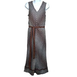 Sundance Allende Midi Dress Size 6 Bias Cut Gray Brown Stripe Linen Lined Belted